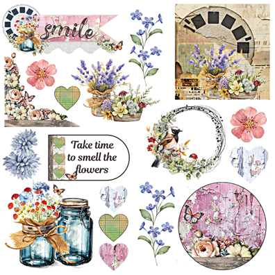 Botanical Garden 12x12 scrapbook paper collection by Pam Bray Designs featuring floral botanical papers, vintage garden artwork, ephemera, tags, butterflies, and mixed media crafting elements.