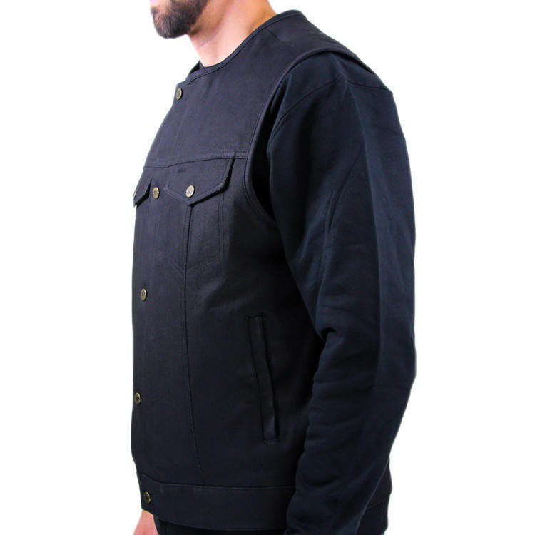 Men's Blue Denim Collarless Motorcycle Vest CLESSTE SELVEDGE DENIM