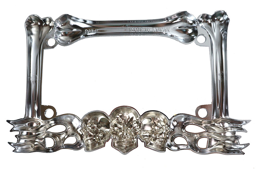 V-Twin - 42-1068 - License Plate Frame Skull Style Chrome
