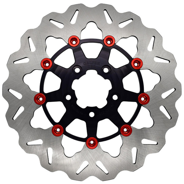 Galfer - 11.5" Wave® Rear Full-Floating W/ Black Carrier & Red Buttons Brake Rotor fits '00-'17 Big Twin, '00-'10 XL Models (See Desc.)