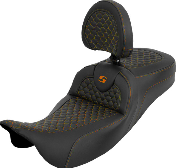 Saddlemen - 808-07B-209B3 - Extended Reach Roadsofa™ Seat - Dragon Scale - Orange Stitch - with Backrest - Touring '08-'25