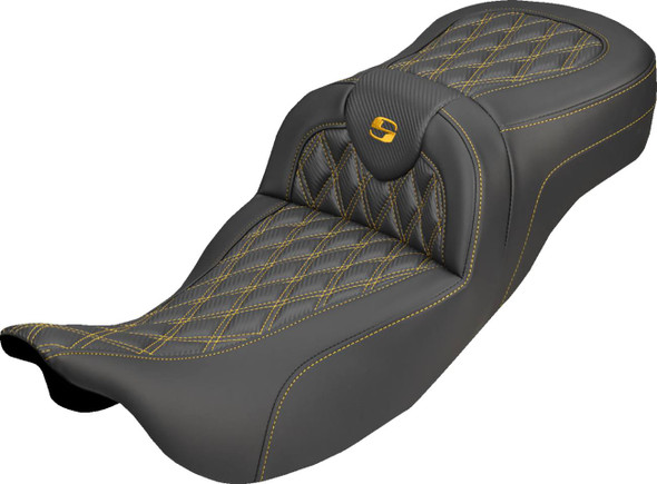 Saddlemen - 808-07B-20707 - Extended Reach Roadsofa™ Carbon Fiber Seat - Lattice - Gold Stitch - Without Backrest - FL '08-'25