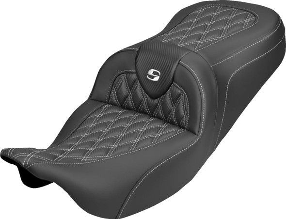 Saddlemen - 808-07B-20606 - Roadsofa™ Carbon Fiber Seat - Lattice - White Stitch - Without Backrest - FLH/FLT '08-'25
