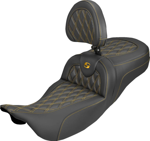 Saddlemen - 808-07B-207B7 - Extended Reach Roadsofa™ Carbon Fiber Seat - Lattice - Gold Stitch - With Backrest - FL '08-'25