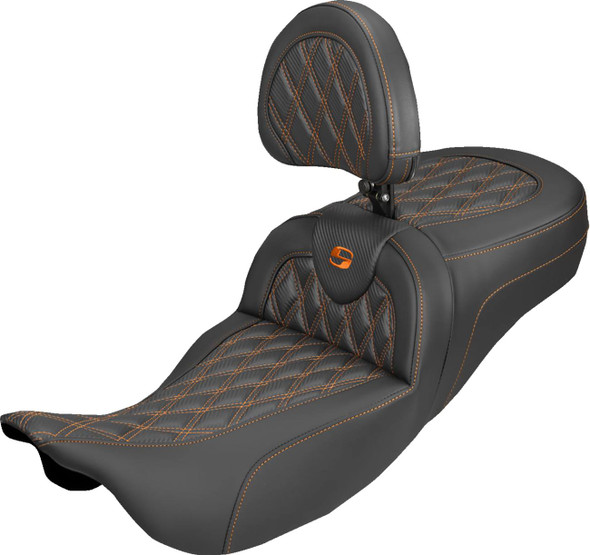 Saddlemen - 808-07B-207B3 - Extended Reach Roadsofa™ Carbon Fiber Seat - Lattice - Orange Stitch - With Backrest - FL '08-'25