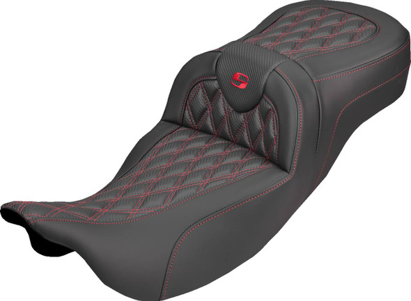 Saddlemen - 808-07B-20704 - Extended Reach Roadsofa™ Carbon Fiber Seat - Lattice - Red Stitch - Without Backrest - FL '08-'25