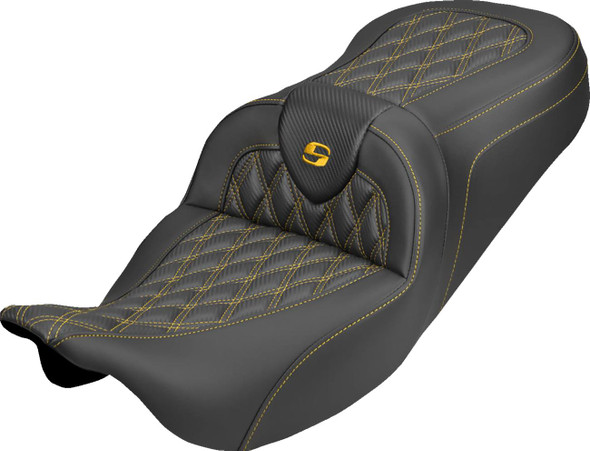 Saddlemen - 808-07B-20607 - Roadsofa™ Carbon Fiber Seat - Lattice - Gold Stitch - Without Backrest - FLH/FLT '08-'25