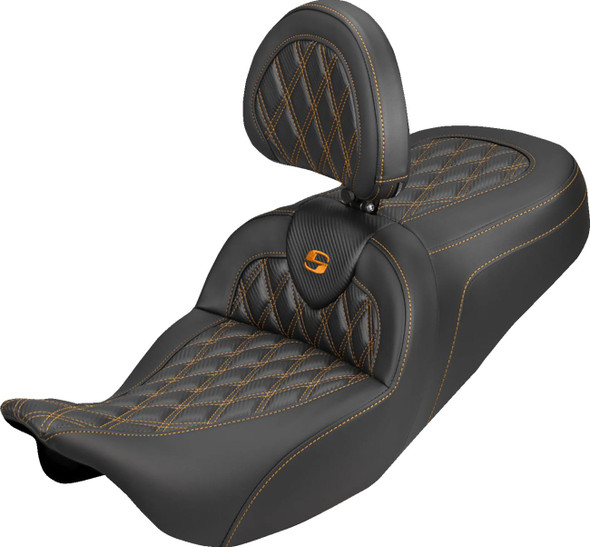 Saddlemen - 808-07B-206B3 - Roadsofa™ Carbon Fiber Seat - Lattice - Orange Stitch - With Backrest - FLH/FLT '08-'25