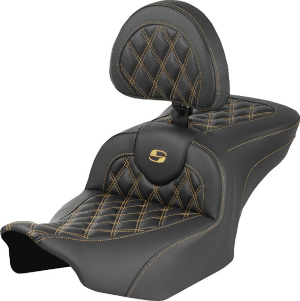 Saddlemen - 823-07-206B7 - Roadsofa™ Seat - Carbon Fiber - with Backrest - Gold Lattice Stitch - FLH/FLT '23-'25