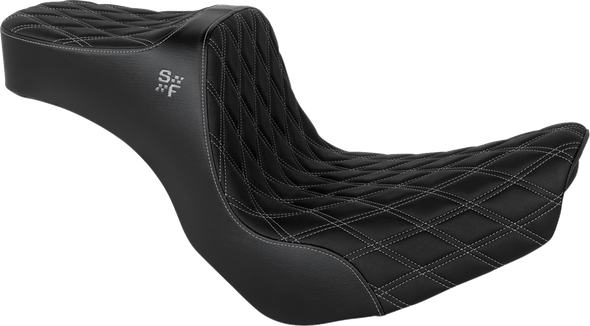 Slyfox - 4730D - Chariot Seat - Black Vinyl, Black Double Diamond Stitch, Silver Logo - Fits 2018-2026 FXLR/FXLRS/FXLRST & 2018-2021 FLSB