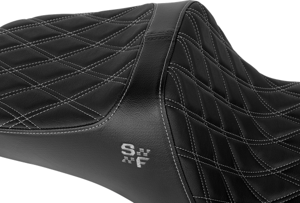 Slyfox - 4730D - Chariot Seat - Black Vinyl, Black Double Diamond Stitch, Silver Logo - Fits 2018-2026 FXLR/FXLRS/FXLRST & 2018-2021 FLSB