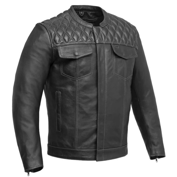 First Mfg - Men's Cinder Cafe Style Leather Jacket - Grey Stitch 