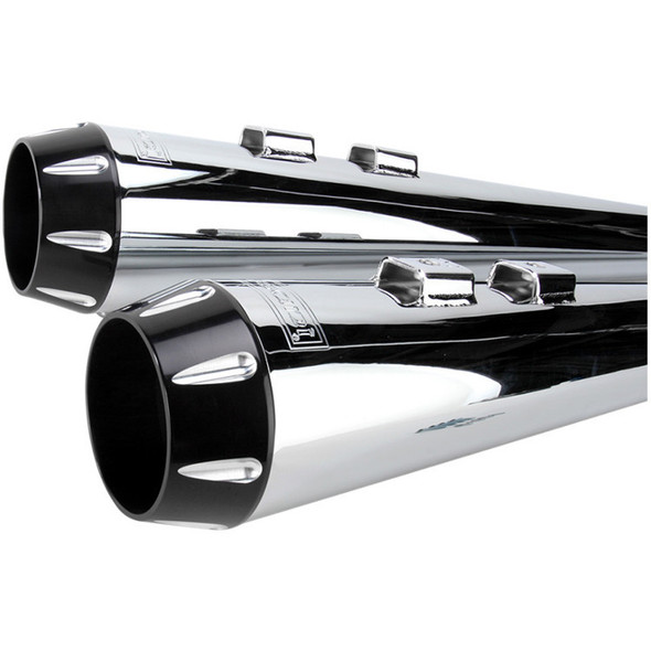 Bassani Exhaust - 4" Slip-On Mufflers W/ 2-1/2" Performance Baffles fits '95-'16 Touring Models - Megaphone, Chrome W/ Black Billet End Caps & Contrasting Flutes