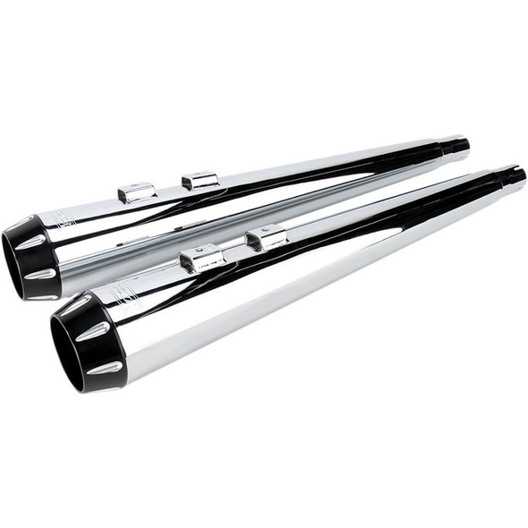 Bassani Exhaust Bassani - 4" Slip-On Mufflers W/ 2-1/2" Performance Baffles fits '95-'16 Touring Models - Megaphone, Chrome W/ Black Billet End Caps & Contrasting Flutes 