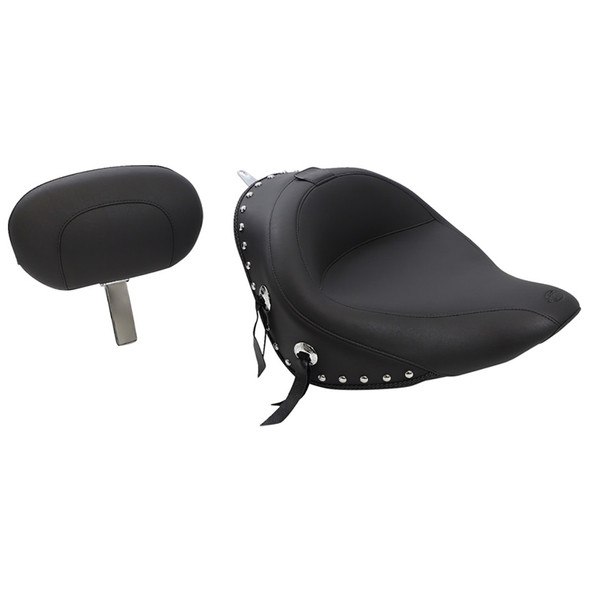 Mustang - Black Studded w/ Concho Wide Solo Seat with Backrest fits '06-'10 FXST, '07-'17 FLSTF/B, '08-'11 FLSTSB Models