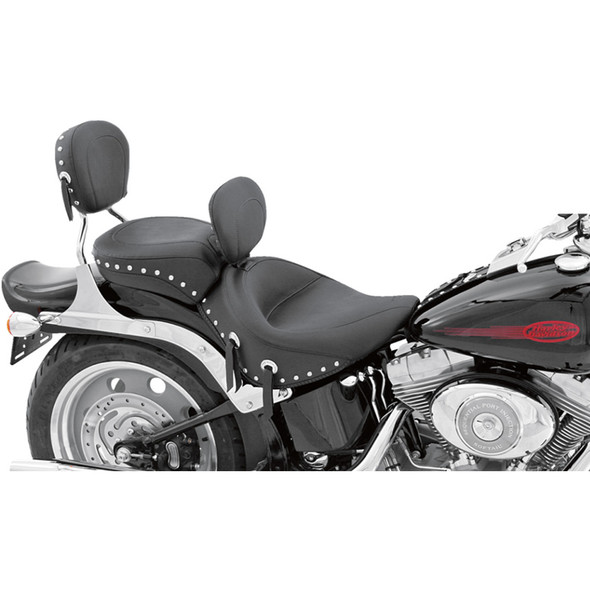 Mustang - Black Studded w/ Concho Wide Solo Seat with Backrest fits '06-'10 FXST, '07-'17 FLSTF/B, '08-'11 FLSTSB Models