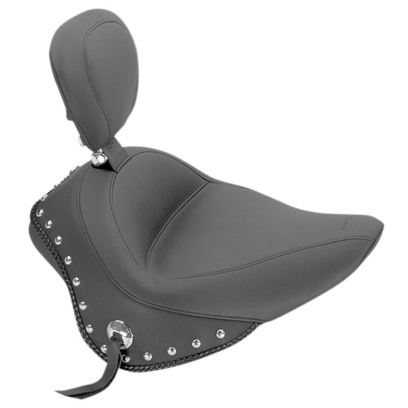 Mustang - Black Studded w/ Concho Wide Solo Seat with Backrest fits '11-'13 FXS, '12-'17 FLS Models