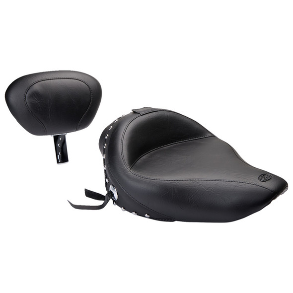 Mustang - Black Studded w/ Concho Wide Solo Seat with Backrest fits '04-'22 Sportster W/ 3.3 Gal Tank (Except RH Sportster)
