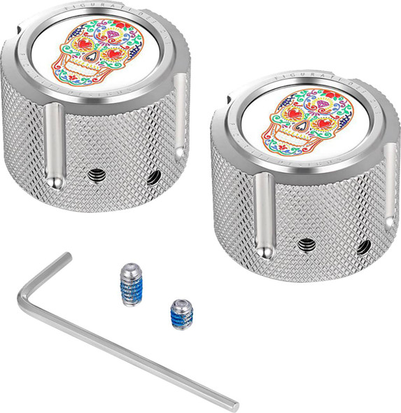 Figurati Designs - FD30-FAC-SS - Axle Nut Cover - Front - Stainless Steel - Sugar Skull - Silver