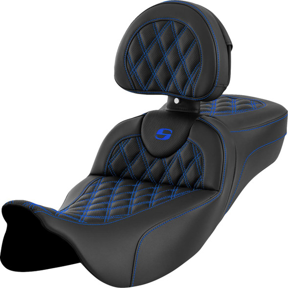 Saddlemen - 808-07B-184B1 - Roadsofa™ Extended Reach Seat - Lattice Stitch - Blue Stitch - with Backrest - FL '08-'24