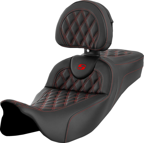Saddlemen - 808-07B-184B4 - Roadsofa™ Extended Reach Seat - Lattice Stitch - Red Stitch - with Backrest - FL '08-'24