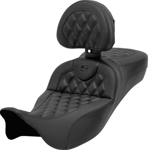 Saddlemen - 808-07B-207B0 - Roadsofa™ Extended Reach Seat - with Backrest - Lattice Stitch - Carbon Fiber - FL '08-'24