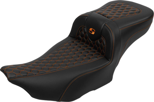 Saddlemen - 823-07-190B3 - Roadsofa™ Extended Reach Seat - with Backrest - Honeycomb - Orange Stitch - FLTR/FLHX '23-'24