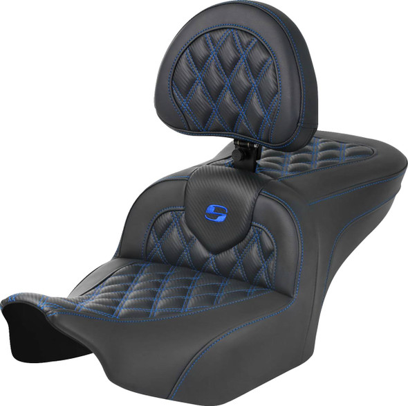 Saddlemen - 823-07-206B1 - RoadSofa™ Seat - with Backrest - Carbon Fiber - Lattice Stitch - Blue Stitch - FLTR/FLHX '23-'24