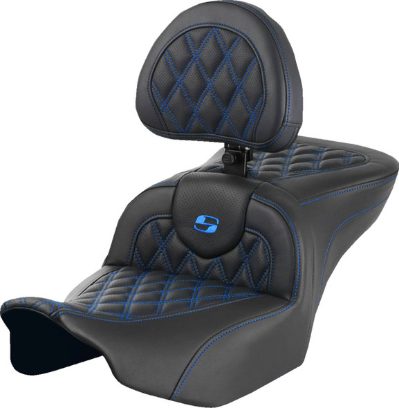 Saddlemen - 823-07-182B1 - RoadSofa™ Seat - with Backrest - Lattice Stitch - Blue Stitch - FLTR/FLHX '23-'24