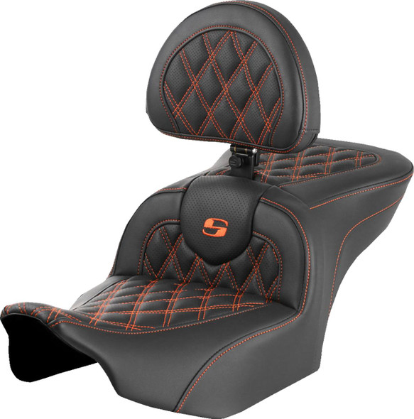 Saddlemen - 823-07-182B3 - RoadSofa™ Seat - with Backrest - Lattice Stitch - Orange Stitch - FLTR/FLHX '23-'24