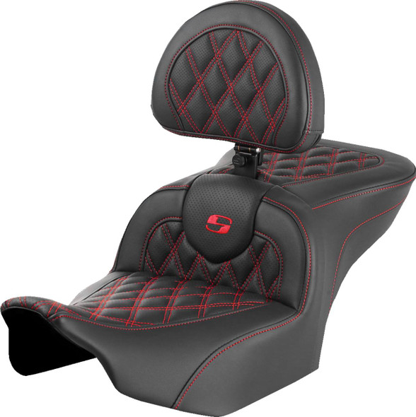 Saddlemen - 823-07-182B4 - RoadSofa™ Seat - with Backrest - Lattice Stitch - Red Stitch - FLTR/FLHX '23-'24