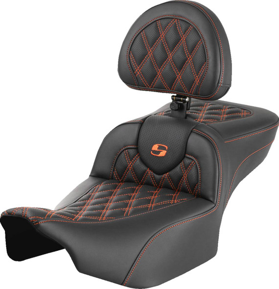 Saddlemen - 823-07-184B3 - Roadsofa™ Extended Reach Seat - with Backrest - Lattice Stitch - Orange Stitch - FLTR/FLHX '23-'24