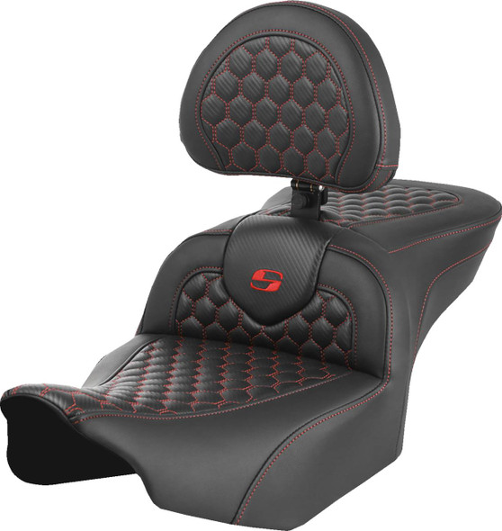 Saddlemen - 823-07-189B4 - Roadsofa™ Seat - with Backrest - Honeycomb - Red Stitch - FLTR/FLHX '23-'24