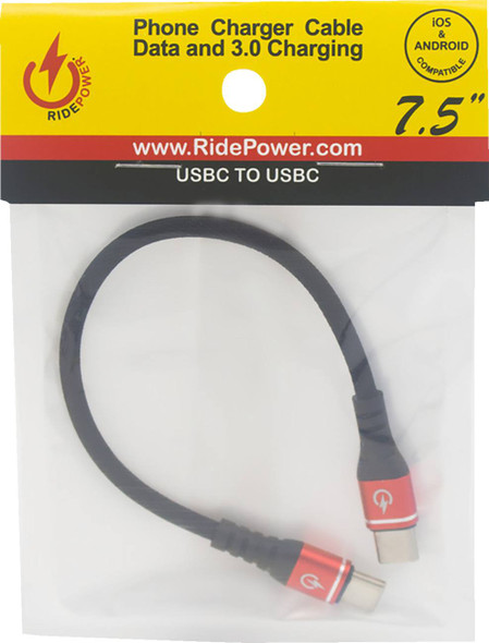 Ridepower - RPUSBCUSBC75 - Male USB-C to Male USB-C Cable - Phone Charger - Heavy-Duty - 7-1/2" - Black/Red