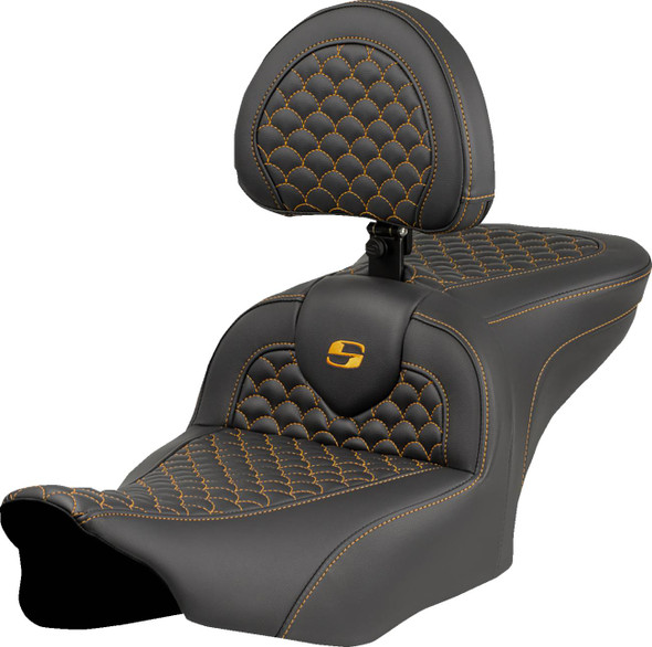 Saddlemen - 823-07-208B7 - Roadsofa™ Seat - Dragon Scale Stitch - Gold Stitch - w/ Backrest - FLTR/FLHX '23-'24