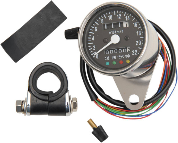 Drag Specialties - 22100207 - KPH Mini Mechanical Speedometer with LED Indicators - Black Face - 2:1 Ratio - 2.4"
