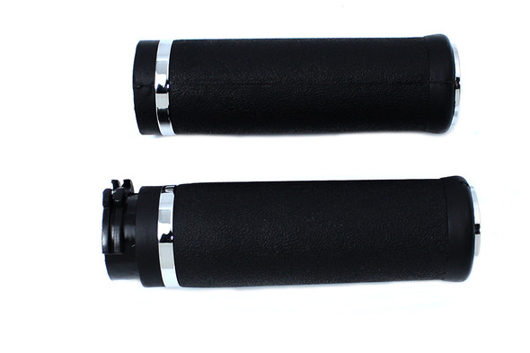 V-Twin - 28-0206 - Black Grip Set with Chrome End Caps