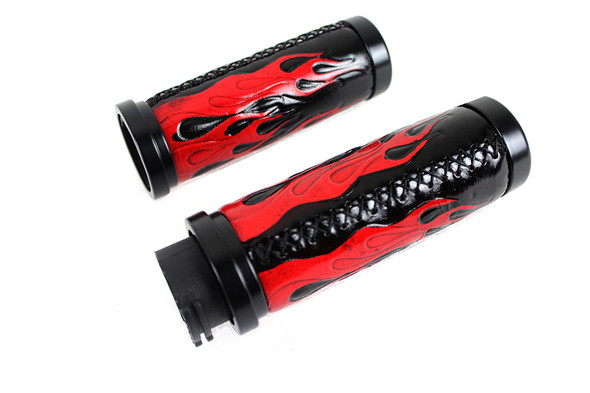 V-Twin - 28-0890 - Red Flame Style Grip Set with Black Ends - Fits 1996-2017 Harley-Davidson FXD, 1996-2007 FLT, 1996-2015 FLST, FXST