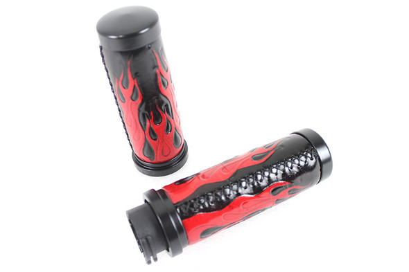 V-Twin - 28-0890 - Red Flame Style Grip Set with Black Ends