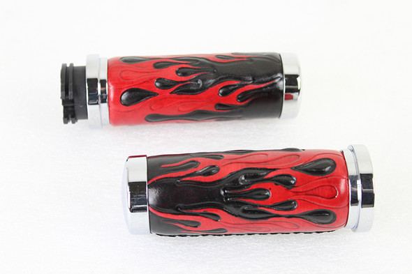 V-Twin - 28-0893 - Red Flame Style Grip Set with Chrome Ends