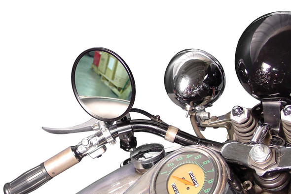 V-Twin - 49-0273 - Spring Fork Black 5 inch Mirror - Fits 1934-1957 Harley-Davidson G, 1937-1948 UL, 1936-1940 EL, 1934-1936 VL, 1941-1945 FL, 1934-1952 WL