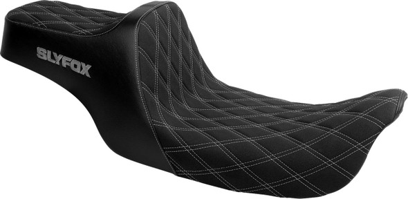 Slyfox - Silver Logo Double Diamond High Noon Seat fits '97-'07 FLHR, '06-'07 FLHX Models - Silver Stitch