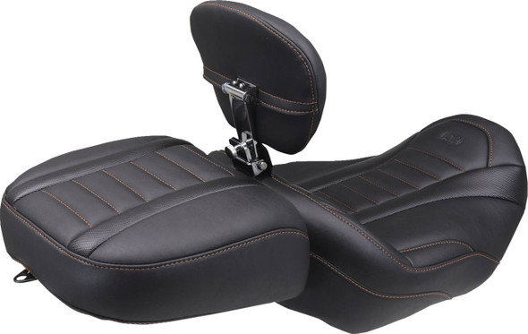 MUSTANG - 08012161 - Deluxe Touring Solo Seat - w/ Backrest - Mandarin Orange Stitch - FLT/FLH '23-'25