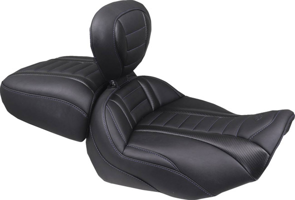 MUSTANG - 08012162 - Deluxe Touring Solo Seat - w/ Backrest - Sky Blue Stitch - FLT/FLH '23-'25