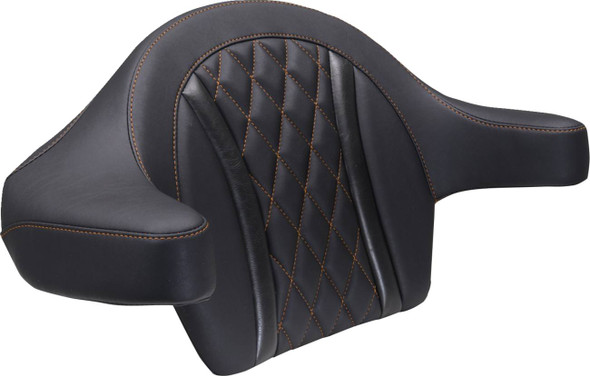 MUSTANG - 08220638 - Deluxe Extended Arm Wrap-around Backrest - Diamond - Mandarin Orange Stitch - FLT/FLH '23-'25