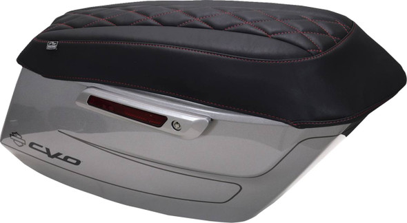 MUSTANG - 35012237 - Deluxe Diamond Saddlebag Lid Cover - Black w/ Dark Cherry Stitch - FLH/FLT '23-'25