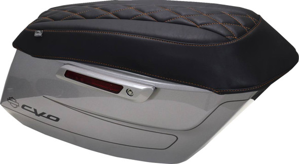 MUSTANG - 35012239 - Deluxe Diamond Saddlebag Lid Cover - Black w/ Mandarin Orange Stitch - FLH/FLT '23-'25