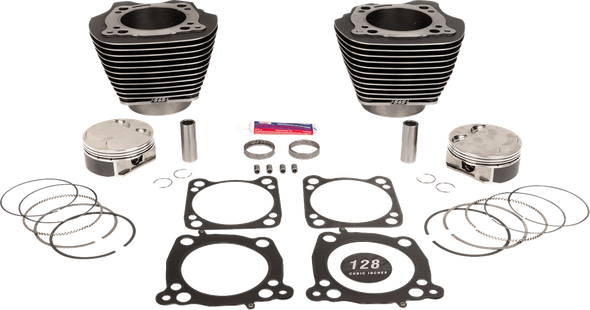 S&S Cycle - 910-0733A - 128" Big Bore Cylinder Kit - 4.250" Bore, 4.500" Stroke - Black Granite w/ Highlighted Fins - Fits '17-Up M8 114"/117" Models