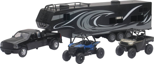 New Ray Toys - 70010082 - Pick Up Toy Hauler w/ Polaris Vehicles Set - 1:18 Scale - Black/Blue/Red