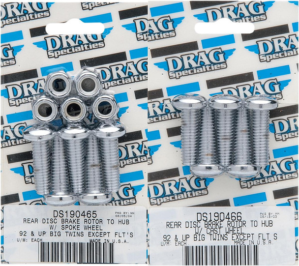 Drag Specialties - Rotor-to-Hub Bolt Kit fits '99-'09 Big Twin & '99-'09 XL Models W/ Spoked Wheels (Repl. OEM #s 43567-92 (Bolt) & #7778 (Nut)) - Chrome